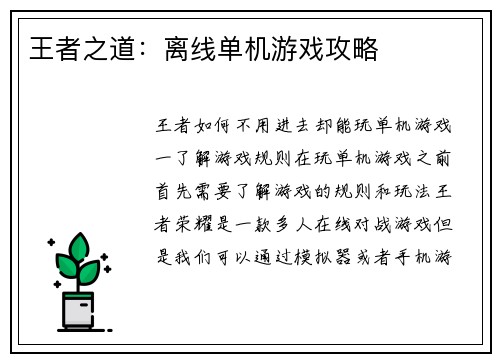 王者之道:离线单机游戏攻略 王者之道:离线单机游戏攻略
